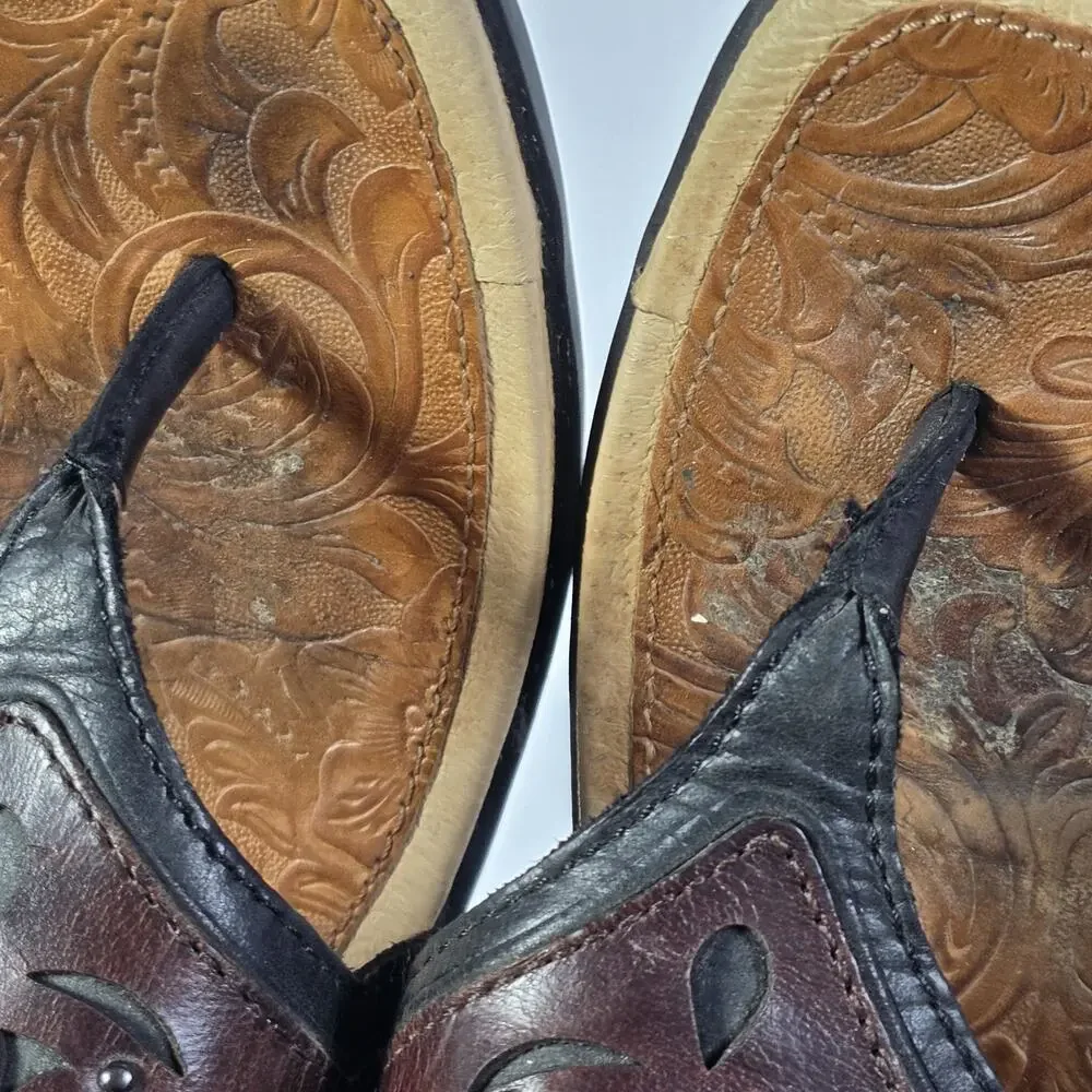 Ariat Womens Sandals Thong Flip Flop Size 9B Brown Leather Embossed Slip On